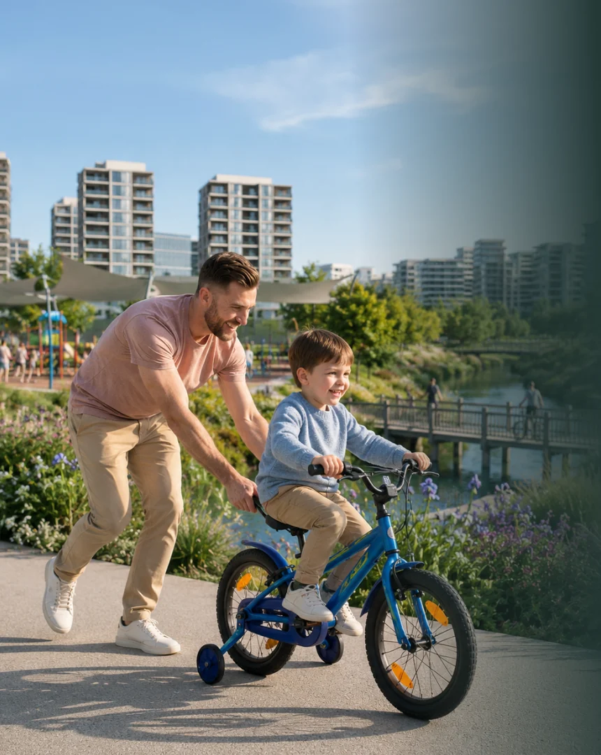 אב ובנו רוכבים על אופניים בפארק ברובע המייסדים
